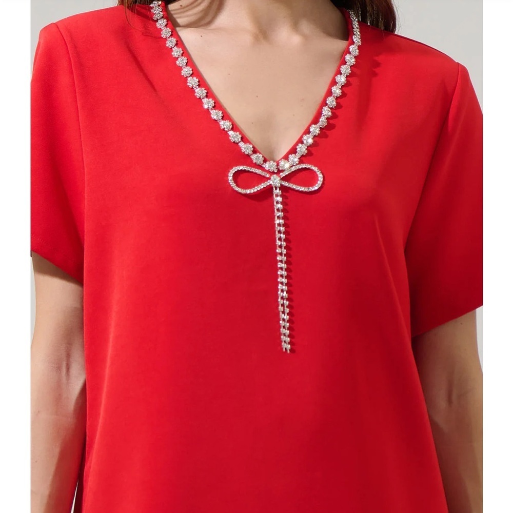 Sugarlips Stazie V-Neck Shift Mini Dress | Rhinestone Bow | Size Medium NWOT - Picture 3 of 7